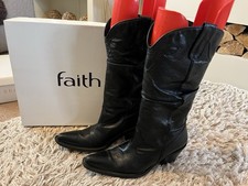 Vintage FAITH Black Genuine Leather Cowboy Boots Size 5 In Original Box Vgc