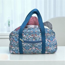 Quilted Knitting Bag, Zipped Craft Organizer William Morris Inspired Fabric Blue