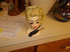 6" Inarco Blonde Lady Head Vase W/ Ringlet Curls Holding Fan