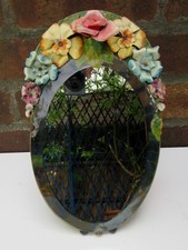 Vintage Barbola Style Mirror Oval Free Standing With Hand Made Leather Flowers