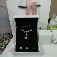 PANDORA Forget Me Not Purple and Clear CZ Flowers silver necklace ring &earrings