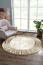 Gold Detailed Round Rug Non Slip Sole Multipurpose Washable Carpet