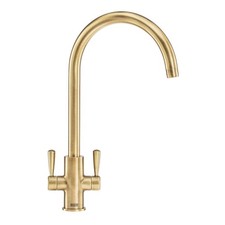 Franke Kitchen Mixer Tap Brass Effect Twin Lever Faucet Swan Neck Swivel Spout