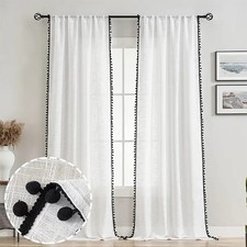 Linen Cotton White Sheer Curtains Voile Net Ball Pompom Drapes With Rod Pocket