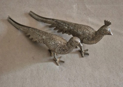 Silver metal pair pheasants - metal, of