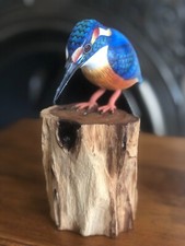 Wooden Kingfisher Carved Bird on Log 20cm Painted Kingfisher Carving