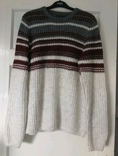M&S Nordic Icelandic Sandi Fairisle Cream & Burgundy Chunky Knit Jumper Sz Med