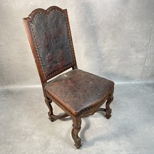 Antique Victorian Renaissance Revival Oak Hall Chair c.1880s Tooled Leather Seat