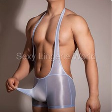 Mens Body Suit Underwear Penis Sleeve Sheath Romper Leotard Silky Shiny Bodysuit