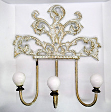 Wall Hook Rack Metal with Porcelain Knobs Ornate Scroll Design 3 Hooks