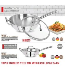 MASTERCOOK TRIPLY STAINLESS STEEL WOK WITH GLASS LID FRYING PAN 3 LAYERS 2 SIZES