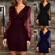 Womens Christmas Party Mini Dress Mesh Long Sleeve Evening Cocktail Xmas Dresses