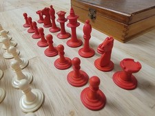 Library Size Uhlig German Antique Bone Staunton Chess Set 32 Pcs Red and White