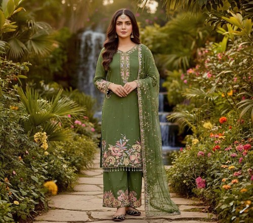 Faux georgette mehendi - mehendi, green