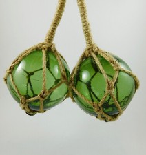 Glass Float Nautical Sea Fishing Buoy 2 x 3" / 7.5cm Dia With Rope Hangers Green