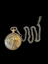 Waltham Train Case Pocket Watch Quartz Gold Tone With Chain Untested BN1