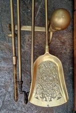 Antique Solid Brass Companion Set, Fireplace Accessories, Poker, Shovel, Dogs