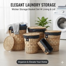Wicker Storage Basket Set W Lining & Lid Bathroom Washing Laundry Hamper