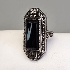 Marcasite Onyx Ring Black Rectangle Stone Sterling Silver 3.5 Small