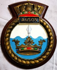 HMS Anson - Ship Crest Plaque Badge, Hand-Painted, Solid Mahogany Mount, 1.099kg