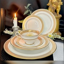 Spode HoneyComb Gold Rimmed Dinner Set - Plates, Bowl, Tea Cup- 6 Piece Set