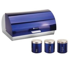 Metallic Tea Coffee Sugar Storage Canister Tin Jar Pot Container & Bread Bin Set