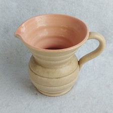 Vintage Lovatts Pottery Jug Vase Cream & Coral Pink Ribbed 10cm Art Deco 1930s