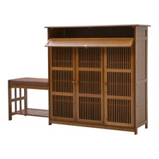 Shoe Storage Cabinet 3 Slatted Doors Rack 4 Tier Shelves Cupboard Footwear Stand