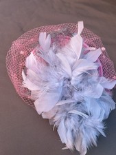 Vintage 1950's/60's Pink Pill Box Hat with Pink Net & Grey & Cream Feathers