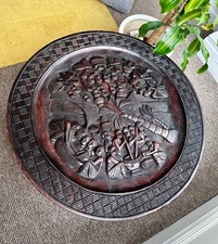 Hand Carved African Village Scene Ebony Coffee Table, Glass Top, Elephant Legs