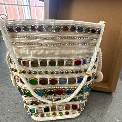 White beaded drawstring bucket - white,