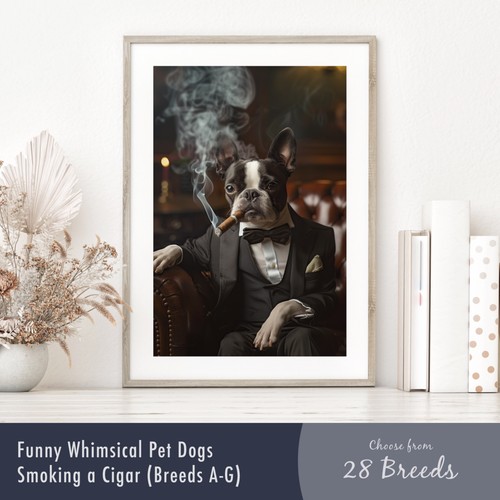 Whimsical dog smoking cigar - dog,