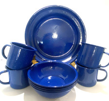 VTG Blue Speckled Metal Dinnerware 12 Pc - 4 Plates Bowls Cups Camping Rustic