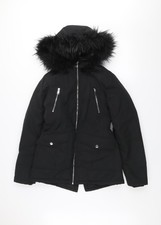 Primark Womens Black Fur Trim Hooded Parka Jacket 2XS