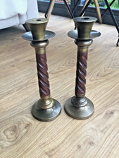Pair of Mahogany style and Brass Barley Twist Column Candlesticks 31cm Tall