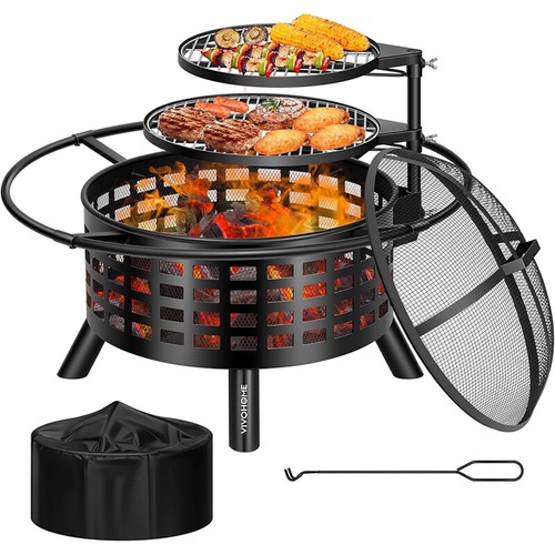 Wood burning fire pit with - burning,