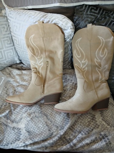 Beige cowboy boots heel - beige, 2"