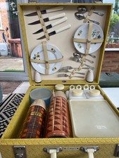 Vintage 50's Brexton Four Person Picnic Hamper Set Yellow Hard Case 