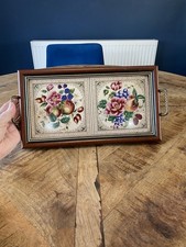 Vintage Ceramic Tile Tray With Floral & Fruit Illustrations 19cm x 37cm - (VGC)