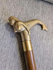 Vintage Brass Handle Mermaid walking stick cane with a hidden flask