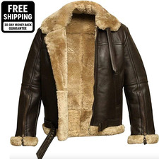 Mens Raf B3 Real Leather Aviator Jacket Flying Bomber SheepSkin Pilot Coat Brown