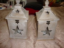 WOOD LANTERNS - SHABBY CHIC - HINGED DOOR - CANDLES OR TEA LIGHTS - USED V GOOD