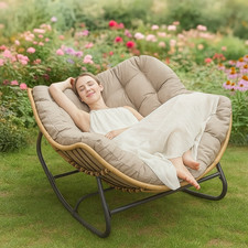 Garden Outdoor Rocking Chair Large Metal Frame Thick Padding Beige
