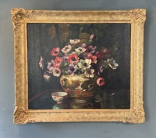 Large Antique Oil Painting ‘Still Life of Anemones/Flowers in Vase’