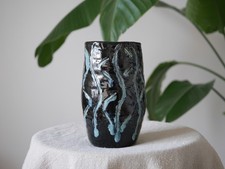 Unusual Studio Pottery Vase, Sculptural Black Glaze with Flowing Blue Design