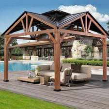 Outdoor 12’ x 12’ Hardtop Heavy Duty Gazebo with Steel Roof Cedar Wooden-Looking