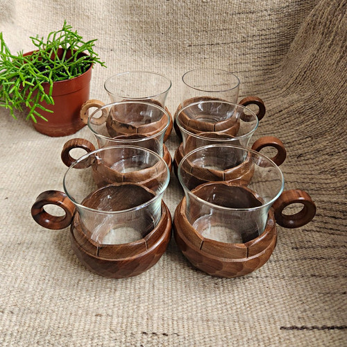 Vintage glass wooden cups - vintage,