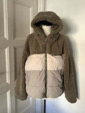 BNWOT ZARA Women’s Sage Green Taupe Teddy Bear Combo Hooded Puffer Jacket L