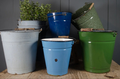 Vintage enamel bucket planter - enamel,