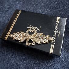 vintage yves saint laurent ysl gold tone long leaf feather bow rhinestone brooch